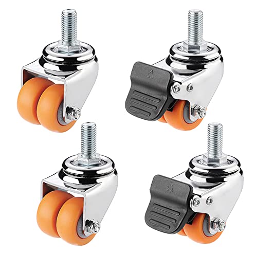 DDGBZYIV Roues à roulettes Doubles en Caoutchouc,Roulette à Tige filetée M12,roulettes pivotantes Robustes de Remplacement,(4 pièces) Silencieux et Résistantes,2brakes+2nobrakes-1.5IN