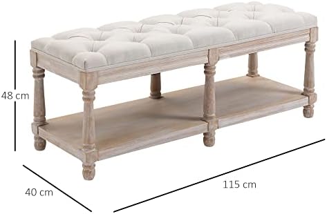 HOMCOM 2-Tier Bed End Bench, Vintage Stool, Wooden Window Seat with Storage Shelf, Button Tufted Upholstered Footstool for Living Room, Bedroom, Entryway, Cream White