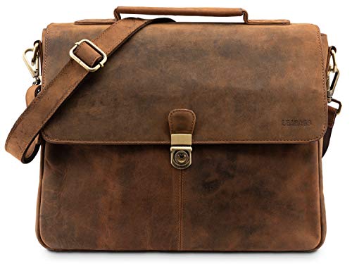 Image of LEABAGS Leather Briefcase | Genuine Leather Laptop Bag 15 inch | Shoulder Strap | Messenger Bag | Work Bag | Teacher Bag