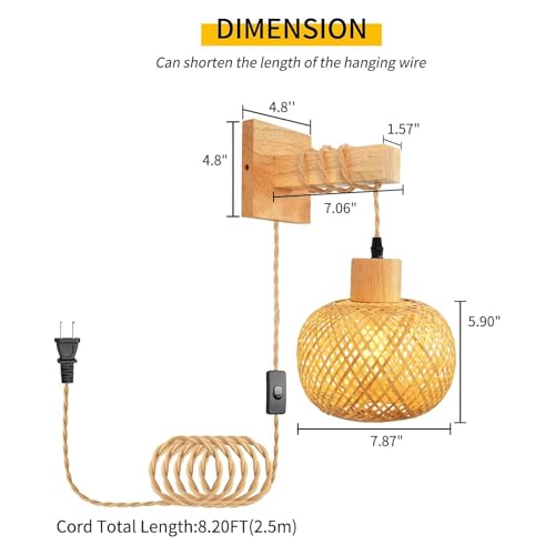 Lámpara de pared linterna de bambú apliques de pared LED interior con interruptor 5