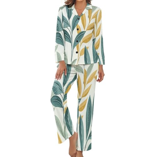 Pyjama femme imprimé feuilles ensemble de nuit deux pièces élégant boutons