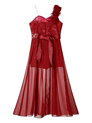 ranrann Kids Girls Sleeveless Floral Lace Shiny Rhinestone Maxi Dress Birthday Party Formal Dance Romper Gown Y Burgundy 15-16