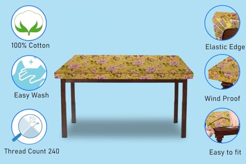 Image of The Furnishing Tree Elastic Cotton Rectangular Dining Table Cover 36x48 in Inches Floral Pink Rose on Yellow Base