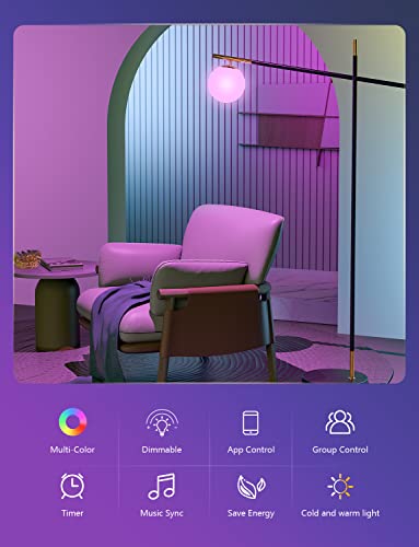 Maxcio Smart Led Light Bulb Dimmable, Rgbcw Color Changing Light Bulbs, Music Sync, Bluetooth Light Bulb With App Control, A19 E26 9W 60W Equivalent, No Hub Required, 4 Pack(Not Support Wifi/Alexa) #TOP1