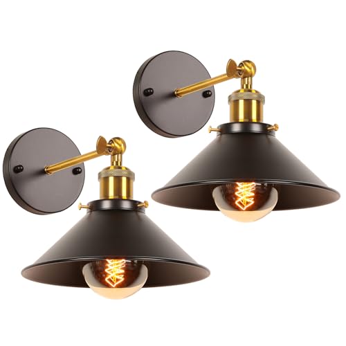 iDEGU 2 piezas Lámpara de Pared Industrial E27 Aplique de Pared de Estilo Edison de Metal con Rotación de 180° Lámpara de techo Vintage para Dormitorio Sala de Estar Cocina, 22cm (2x Negro)