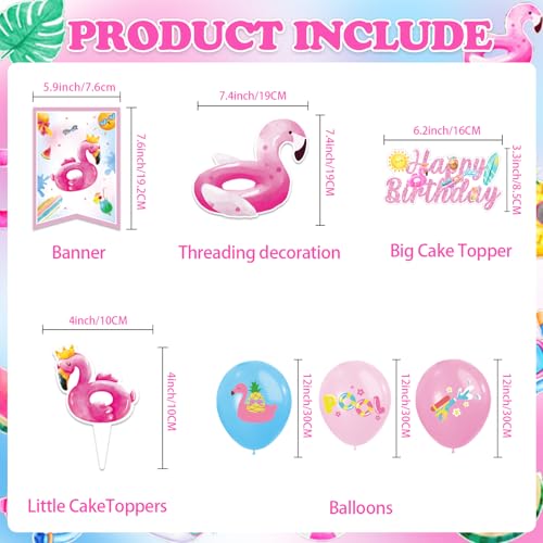 Image of Summer Pool Beach Party Decorations - Happy Birthday Pool Banner,Cake Topper with Cupcake,Balloons,Happy Birthday Swim Party Supplies for Girls
