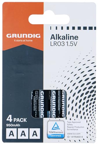 Grundig Pilas AAA Pack de 4 – LR03 1,5V Alcalinas – 950 mAh – Energía Fiable para Mandos a Distancia, Juguetes, Linternas y Dispositivos Domésticos