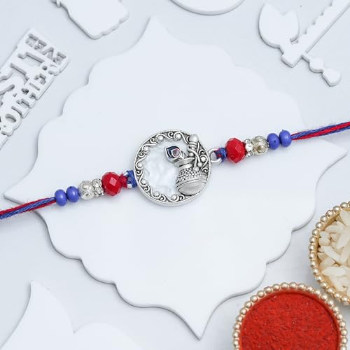 Image of eCraftIndia Dahi Handi Flute Mor Pankh Rakhi for Brother Bhaiya Bhai with Best Bro Ever Fridge Magnet | Roli Chawal Pack