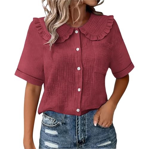 Hauts en coton femme respirants avec poches et manches courtes à manchettes