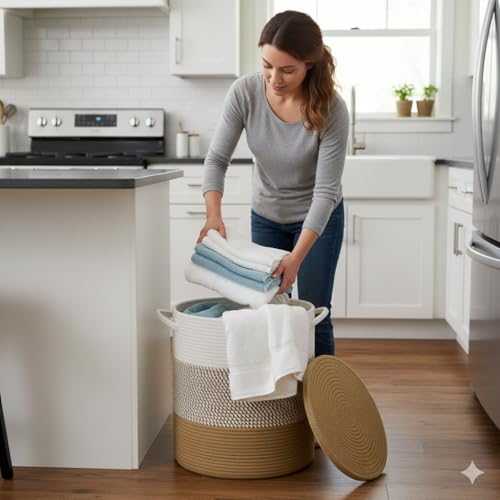 Image of Basket with Lid, 15 inch x 20 inch Woven Storage Basket for Blankets, Toys, Pillows, Towels, Living Room Bedroom Storage Bin, Round Rope Basket with Lid, Wicker Baskets for Organizing (BG1)