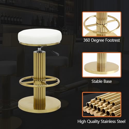 Image of Gold Bar Stools Set of 3 Adjustable Swivel Backless Counter Stool | 360 Swivel, 25.6 inch-29.5 inch Adjustable, Leather Thick Cushion, Stainless Steel Frame, 350 lbs Capacity, Gold