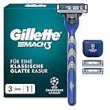 Gillette Mach3 Standard Rasierer Herren, UEFA Champions League Special Edition — Inkl. 1 Nassrasierer, Reiseschutzkappe, 3 Ersatzklingen mit Gleitstreifen und Klingenbeschichtung — Blau/Grau