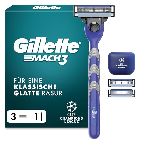 Gillette Mach3 Standard Rasierer Herren, UEFA Champions League Special Edition — Inkl. 1 Nassrasierer, Reiseschutzkappe, 3 Ersatzklingen mit Gleitstreifen und Klingenbeschichtung — Blau/Grau