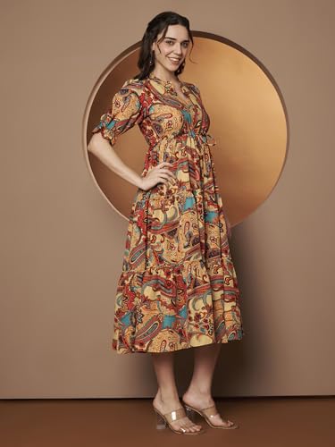 Image of KZULLY | Dress for Women | Midi Dress | Floral Printed | Polyester Fabric | Bell Sleeve Ethnic A-Line | Tiered Fit & Flare | Casual & Festive