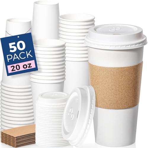 Fit Meal Prep 50 Pack 20 oz Disposable Coffee Cups with Lids Sleeves Leak-Proof To Go Coffee Cups with Lids Durable Hot Paper Cups for Home Office Party Business