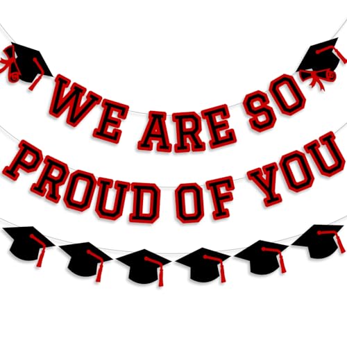 Image of We Are So Proud Of You Banner Graduation Party Decorations Congrats Grad Cap Garlands Wall Sign Red Black
