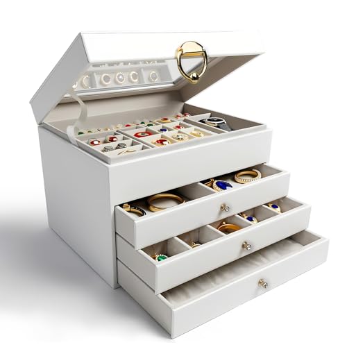 LUMITERRA Boite a Bijoux Femme, Boîte à Bijoux, 4 Couches Grande Boite Bijoux, Coffret à Bijoux avec Tiroirs, Doublure en Velours pour Bagues, Boucles d’Oreilles, Bracelets, Colliers, Blanc