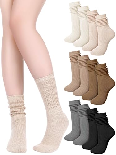 6 Pack Women Cotton Slouch Socks Summer Breathable Scrunch Stacked Boot Crew Socks for Women