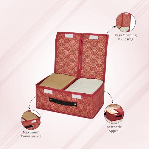 Image of Amazon Brand - Solimo Double Lid Foldable Storage Box | Toys Storage Bin | Wardrobe organizer for Clothes | Front Handle | Stackable Rack | 36 x 25 x 16 cm (Golden Print, Maroon)
