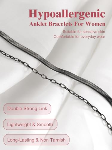 Image of FOCALOOK 14K Gold Plated Anklets for Women Waterproof Plus Size Ankle Bracelet 8.5-10.5 Inch Adjustable Mariner /Figaro /Flat Snake /Cuban Link Chain Anklet Jewelry for Summer Beach Holiday