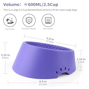 Pet dog food bowl 10° slanted silicone material easy to clean non skid  non spill easier to reach food l2 5 cups purple   cucciolini doodles