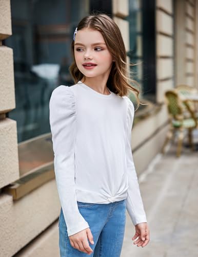 Image of Arshiner Girls Puff Long Sleeve Shirts Twist Front Ribbed Knit T Shirt Crop Tops Tee Blouse