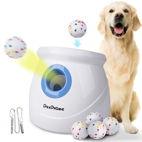 Pet Prime Automatischer Ballwerfer für Große Hunde, Ballwurfmaschine mit 3 Distanzstufen 3-20M Ballmaschine mit 6x6,35cm ETPU Bällen, Wiederaufladbar, Pfeife (Upgrade ETPU-Bälle Werfer für Großhunde)