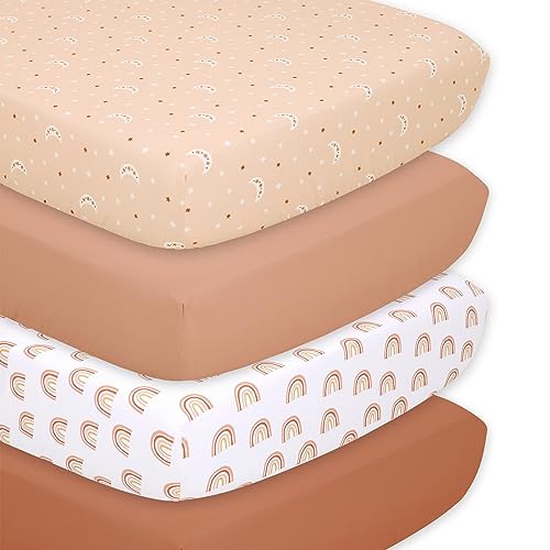 Image of The Peanutshell Crib Sheets, Neutral Fitted Baby Bedding Sheet Set for Standard Size Crib Mattress, 52x28, Boho Rainbow Nursery Decor for Boys or Girls, 4 Pack