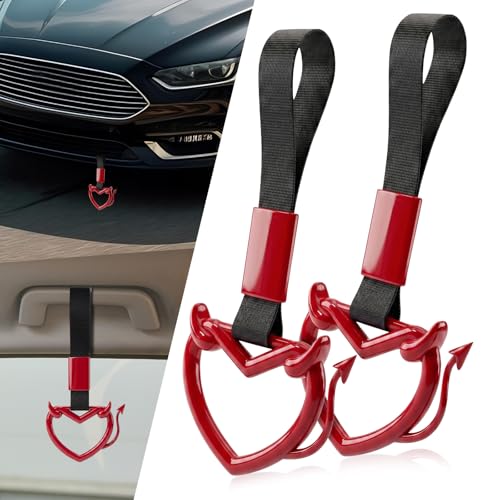 Image of 2 Pcs Devil Heart Shaped Car Handle Strap - JD M Drift Charm Rear Bumper Warning Ring Decor for Car Interior Exterior, Subway Bus Handle Accessory, Cute Heart Car Decor Gift (Red-Tail)