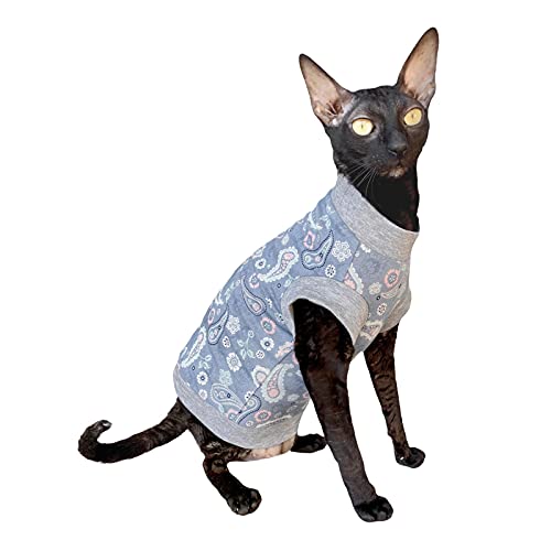 Kotomoda Hairless Cat's Cotton Stretch T-Shirt Blue Paisley for Sphynx Cat (Large)
