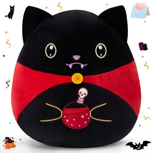 Athoinsu 12 Inch Halloween Vampire Black Cat Plush Red Cloak Suffed Animal | Cute Black Cat Pillow Stuffed Animal Red Cape Potion Bottle for Kids Adults Cat Lovers
