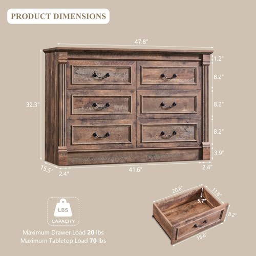 Image of Aitjunz Farmhouse 6 Drawer Dressers for Bedroom, 47'' Wide Dresser & Chests of Drawers w /Roman Columns, Horizontal Wooden TV Stand Dresser w /Metal Handle for Bedroom, Hallway, Living room, Light Brown