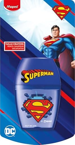 MAPED Superman Sacapuntas Con Depósito Para Lápices, Diseño Ergonómico Y Depósito Para Afilado Limpio, Material Escolar Para Niños Y Adultos, Afilalápices Resistente Y Compacto | Ya disponible en tu tienda friki favorita! En mundofriki.es!