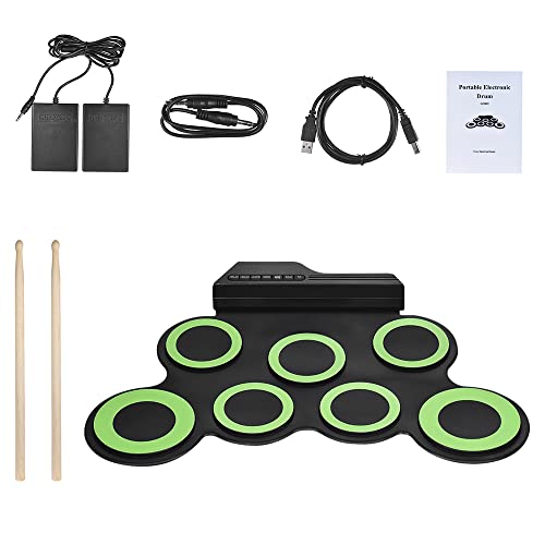 7 Pads Roll Up Electric Drum Pad Set, Portable USB Rechargeable Drum with Drumsticks Foot Pedals 3.5mm Audio Cable for Practice Beginners Kids (Green)