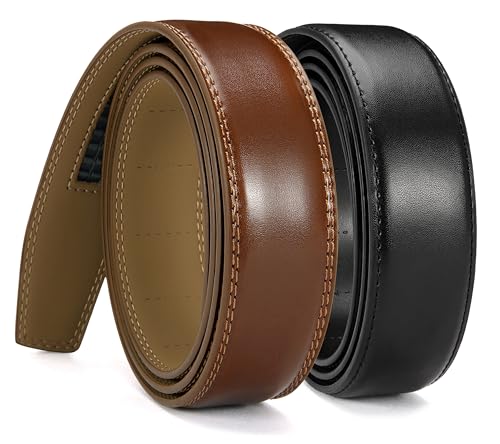 Image of Chaoren Leather Ratchet Belt 2 Pack Dress with Click Sliding Buckle 1 3 /8 inch in Gift Set Box - Adjustable Trim to Fit