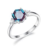 ITI KUOLOLIT Lab Alexandrite Gemstone Genuine 925 Sterling Silver Ring for Women Hexagon Cut Women's Ring for Engagement Bride Romantic Birthday (White Rhodium Plated, 7)