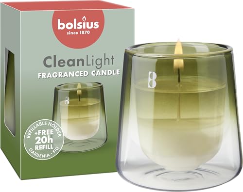 Bolsius - CleanLight Starter Set - Vela perfumada recargable - Soporte de vidrio y recambio - Gardenia e higo - Verde - Larga duración de combustión de 20 horas - Extractos naturales