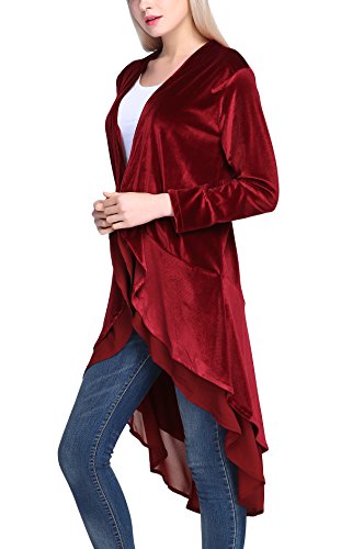 Urban Coco Women's Long Sleeve Velvet Cardigan Coat With Asymmetric Chiffon Hem(L, Wine Red) #TOP2