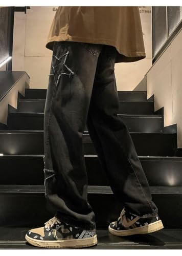 Y2K Vintage Men Korean Blue Streetwear Oversize Star Aesthetic Straight Trousers Wide Leg Jeans Grunge Denim Pants4