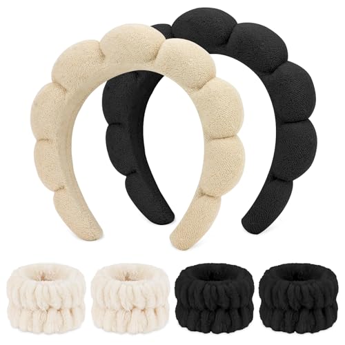 WHAVEL 6PCS Terry Cloth Spa Set - Puffy Sponge Headband & Wrist Towels for Face Washing, Women & Girls