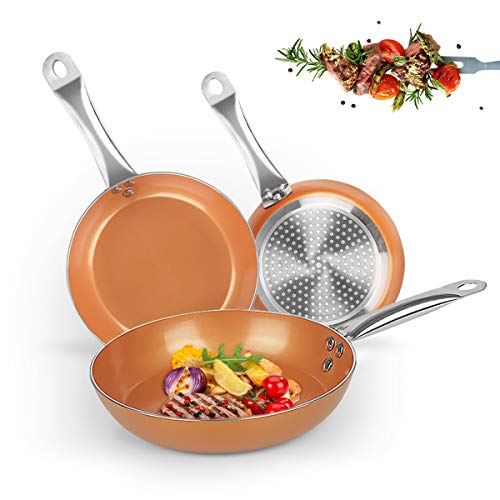 FRUITEAM Non-stick Frying Pans Set 3 Piece - Ceramic Coating Cookware Set Chef Pans with Heavy Duty Stainless Steel Handles, Aluminum Classic Skillet Set for Induction, Gas, Oven