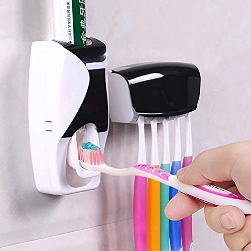 MR WorldShop Toothbrush Holder with Cover Automatic Toothpaste Dispenser Set Dustproof with 3M Sticky Suction Pad Wall Mounted Kids Hands Free Toothpaste Squeezer for Washroom
