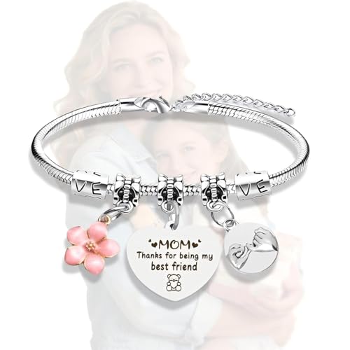Image of YCZARD Mum Bracelet, Gifts for Mum, Mother Day Bracelet from Son and Daughter Silver Charm Bracelets for Mother's Day, Birthday -Thanks for Being My Best Friend