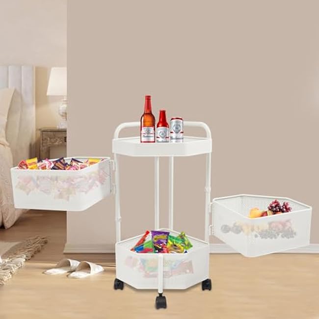 3-Tier Rotating Storage Shelf with Removable Baskets, 360¡ã Spinning Organizer Rack with 5 Wheels & Handles, Black Corner Shelf for Kitchen Bathroom, Easy Assembly (White, 3-Tier)-aHvZS8Mp