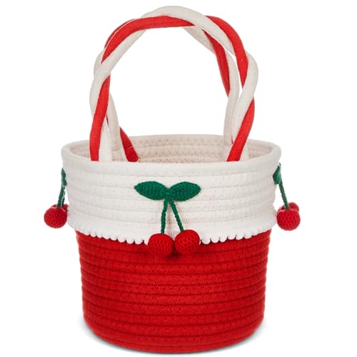 Honeydak Cherry Basket Small Woven Storage Basket Cotton Rope Cute Easter Gift with Handles Cherry Round Decorative for Storage Gift Organization Easter Egg Picnic Baby Cat Dog Toy 7.3"x 6.3"x 6.3"
