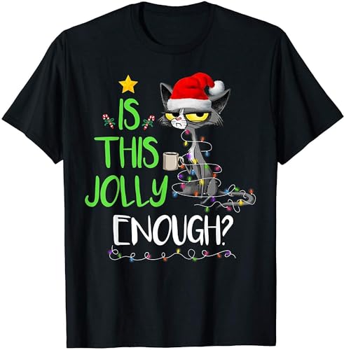 Aisili Is This Jolly Enough Black Cat Merry Christmas Tree Lights T-Shirt Black L
