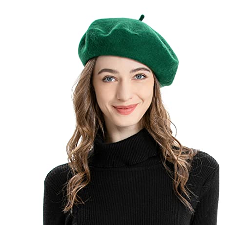 ZLYC Wool Beret Hat Classic Solid Color French Beret for Women (Green)