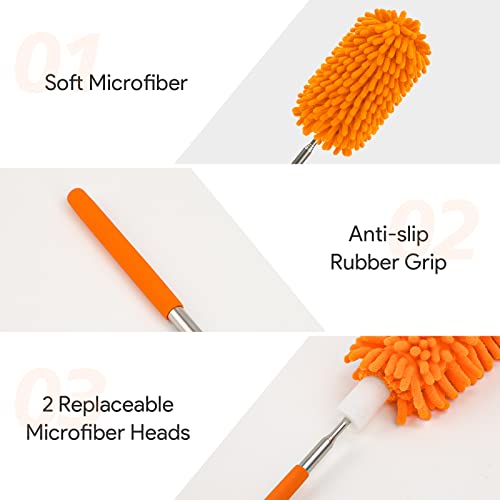Microfiber Duster For Cleaning, Delux Feather Duster Extendable Duster With Extra Long Pole, 2Pcs Replaceable Brush Head, Washable Dusters For Cleaning Office, Car, Window, Furniture, Ceiling Fan #TOP2