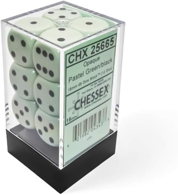 Wondertrail Green Pastel D6 Dice with Black Pips 16mm (5/8in) Pack of 12 Dice Chessex