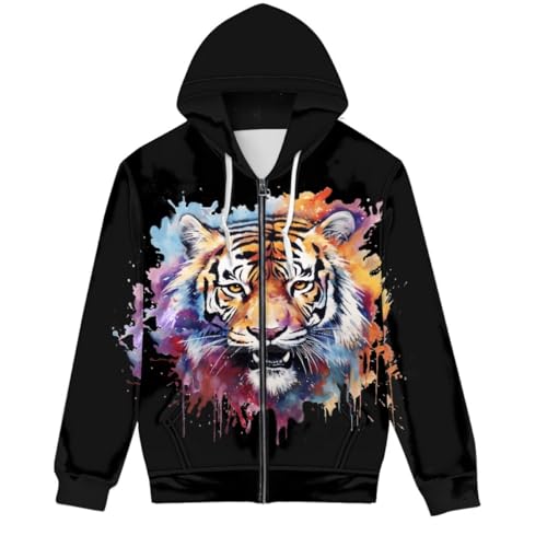 ENLACHIC Men Women Novelty Zip Up Hoodie 3D Print Graphic Hoodies Long Sleeve Drawstring Pullover Sweatshirts, Paint Splatters Tiger, M